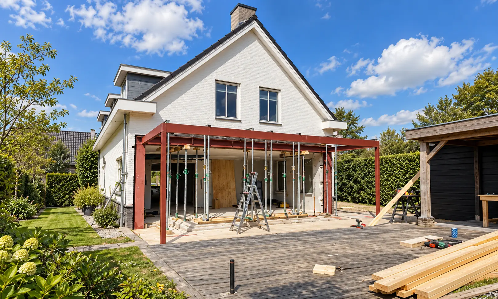 Woning tijdens het plaatsen van een stalen constructie